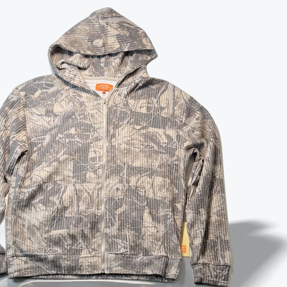 Negative Space Full Zip Hoodie Waffle Knit Grey Camo Thermal Mens Small NEW